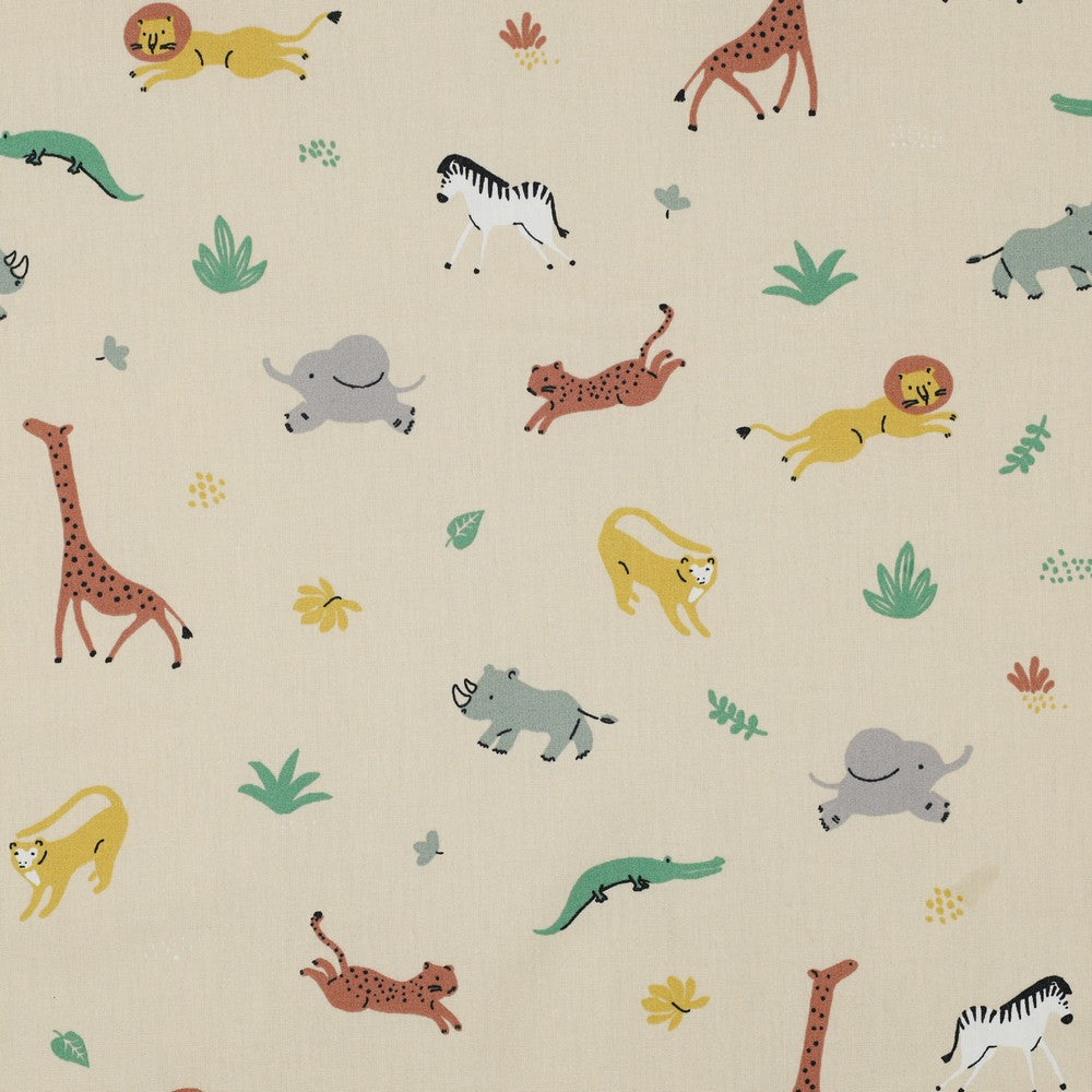 tissu Safari Party – fond jaune clair avec animaux de la savane – coton bio – JM Tout Doux