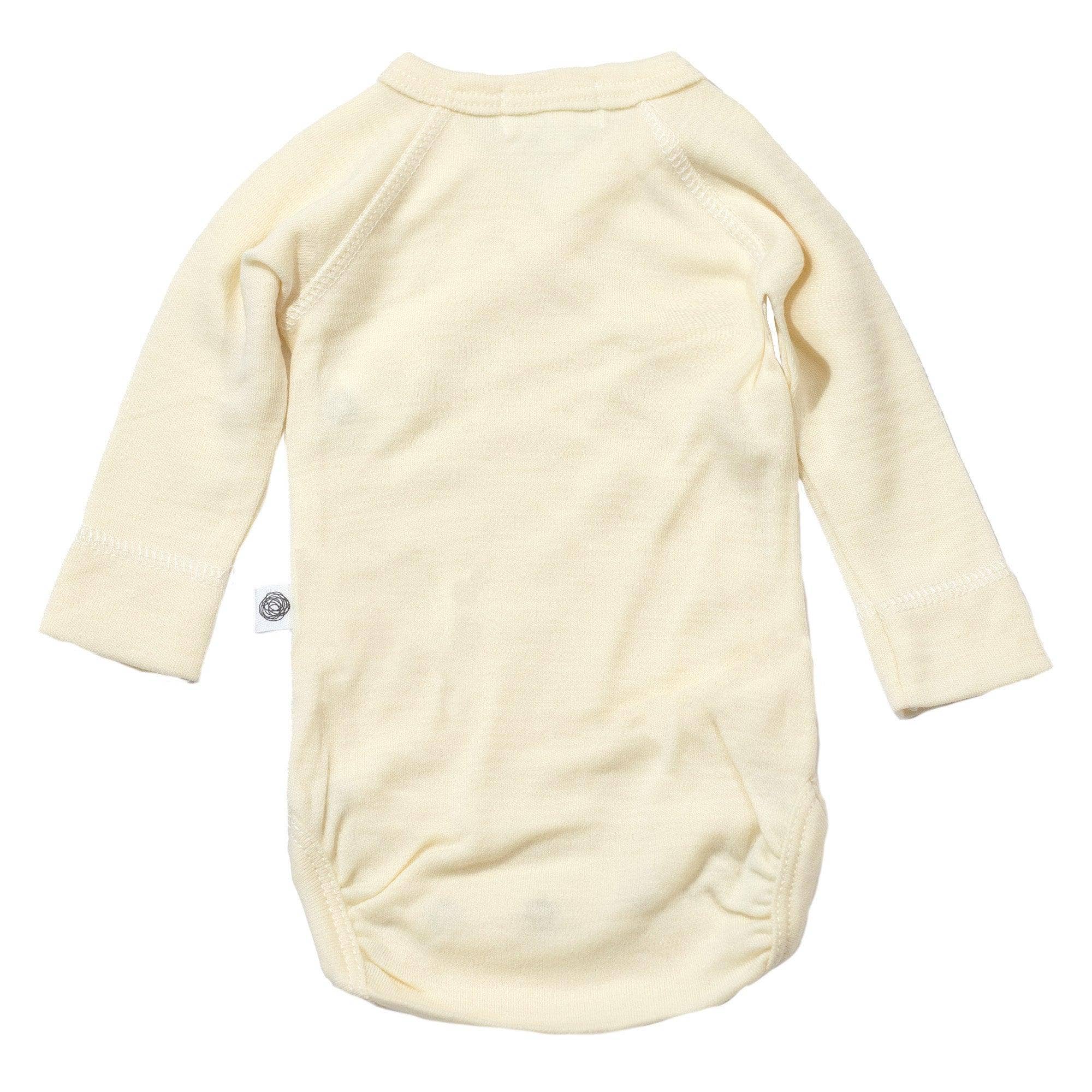 Body bébé en laine mérinos non traitée, manches longues, matière naturelle thermorégulante, idéal comme première couche, vue de dos Couleur : Naturel