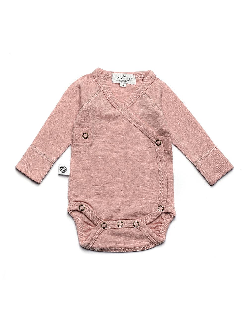 Body bébé en laine mérinos non traitée, manches longues, matière naturelle thermorégulante, idéal comme première couche, vue de face Couleur : Misty Rose