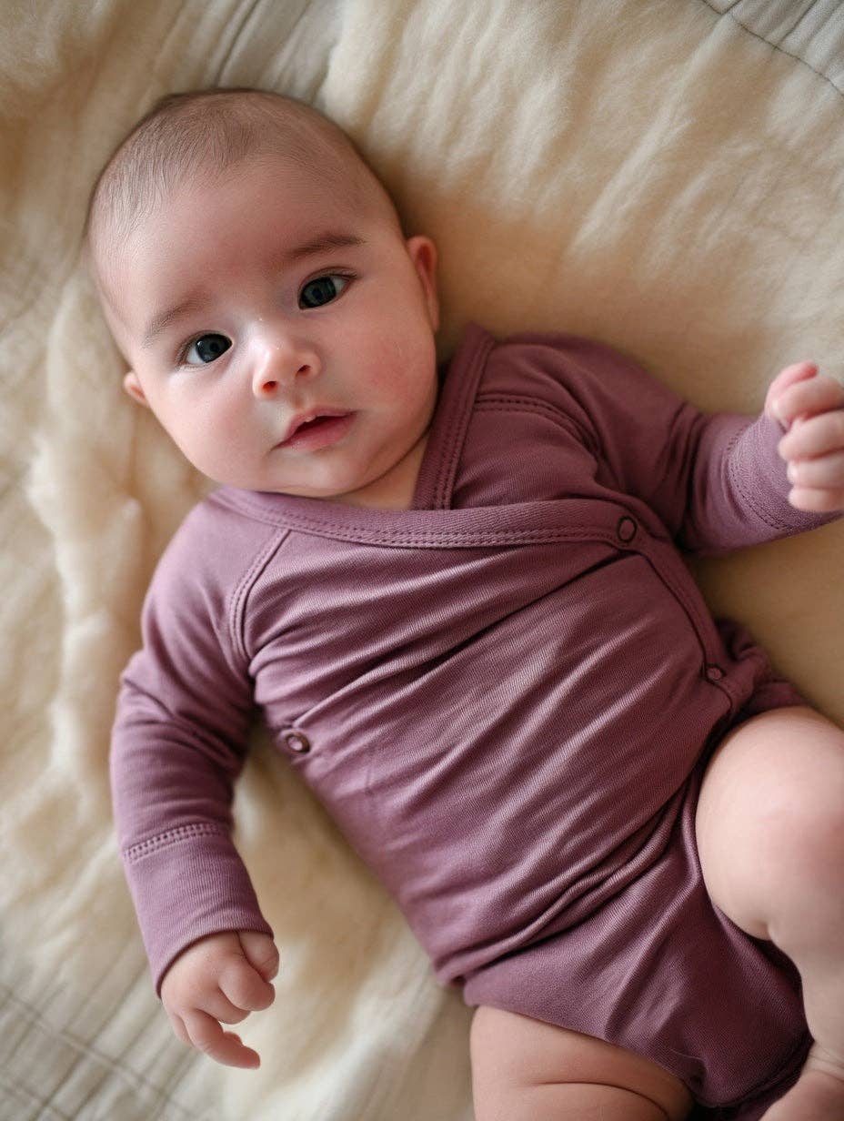 Bébé portant un body en laine mérinos naturelle non traitée, doux pour la peau et adapté à la régulation thermique couleur lavende