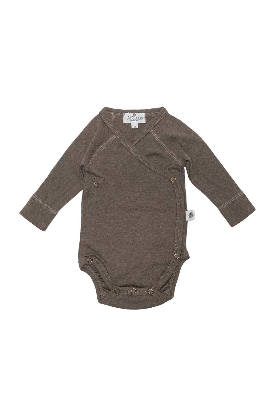 Body bébé en laine mérinos non traitée, manches longues, matière naturelle thermorégulante, idéal comme première couche, vue de face Couleur : Noix