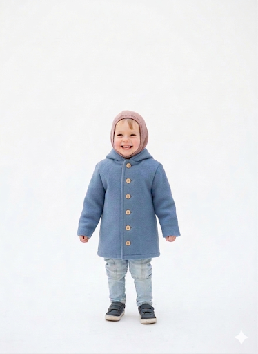 Vue de face d'un manteau enfant  bleu J'M tout doux avec option boutons en bois, confectionné en laine merinos