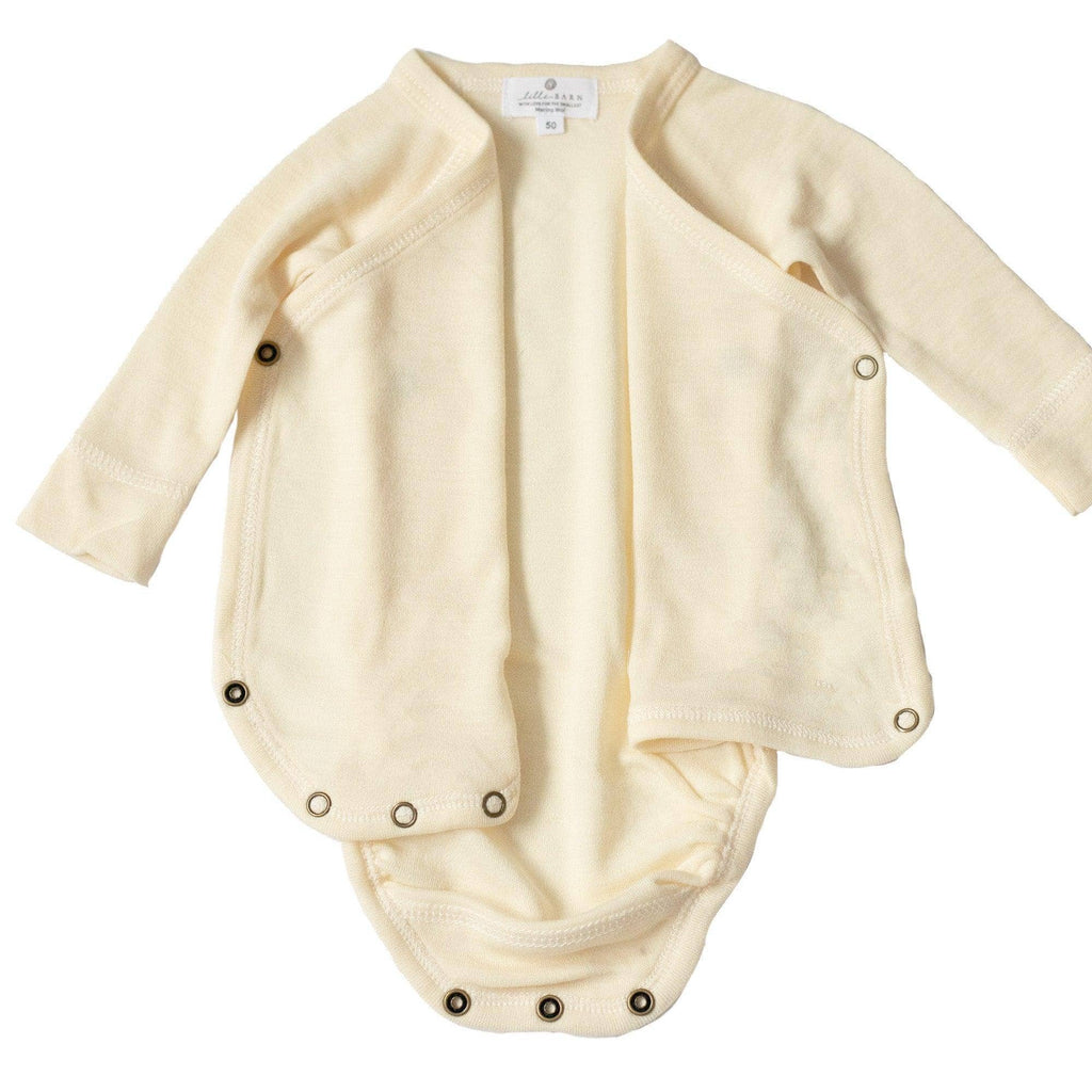 Body bébé en laine mérinos non traitée, manches longues, matière naturelle thermorégulante, idéal comme première couche, présenté ouvert Couleur : Naturel
