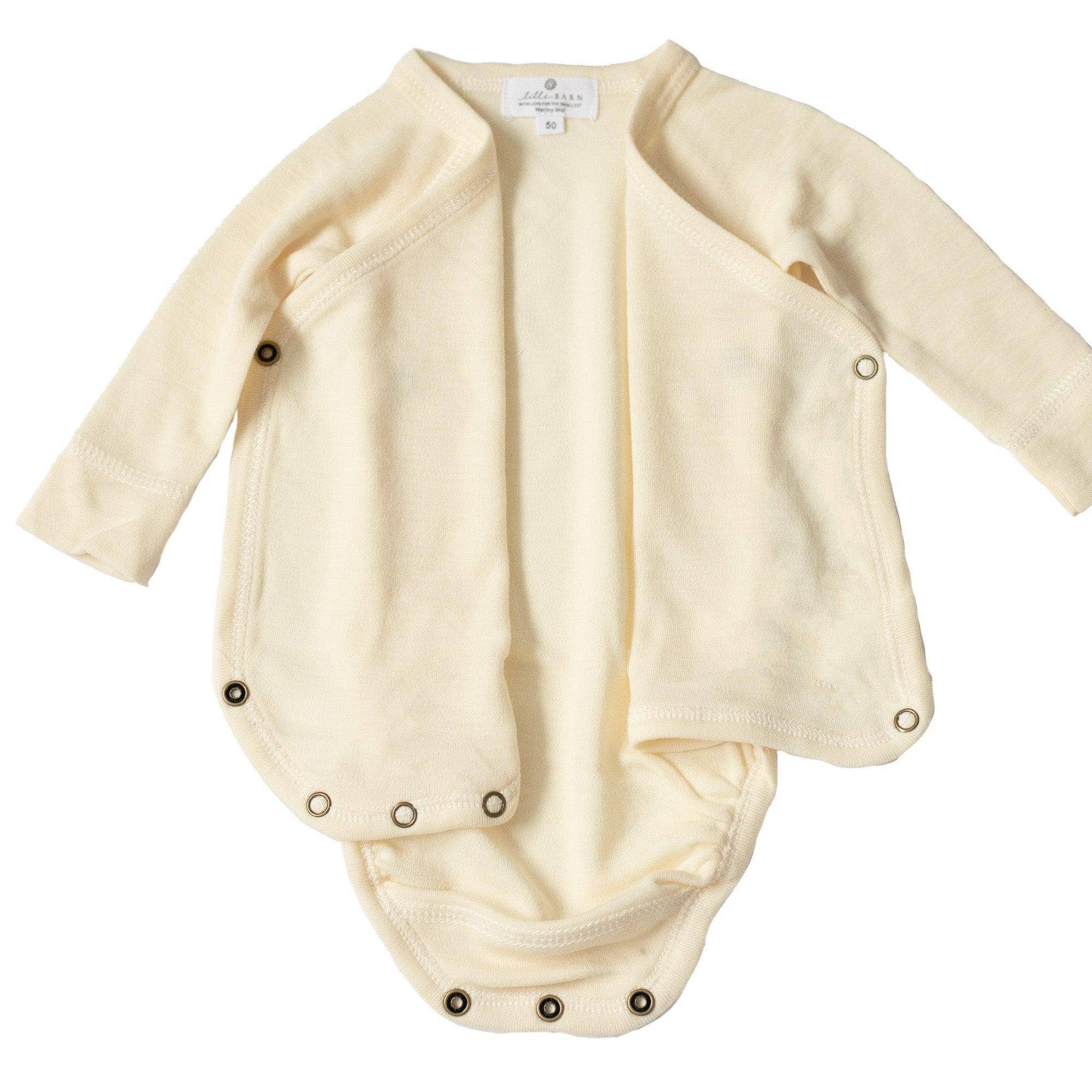 Body bébé en laine mérinos non traitée, manches longues, matière naturelle thermorégulante, idéal comme première couche, présenté ouvert Couleur : Naturel