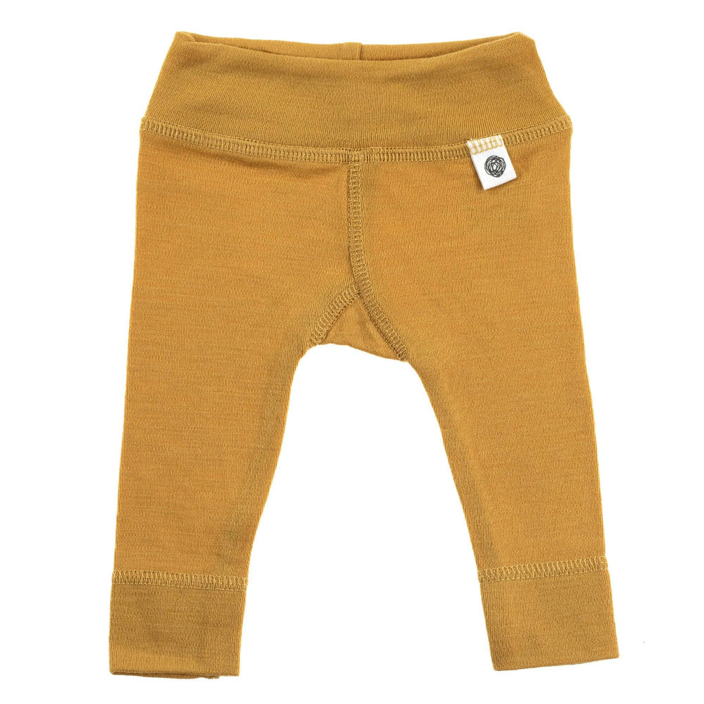 Legging bébé en laine mérinos non traitée, vêtement naturel et respirant pour garder bébé au chaud sans surchauffe, vue de face couleur jaune