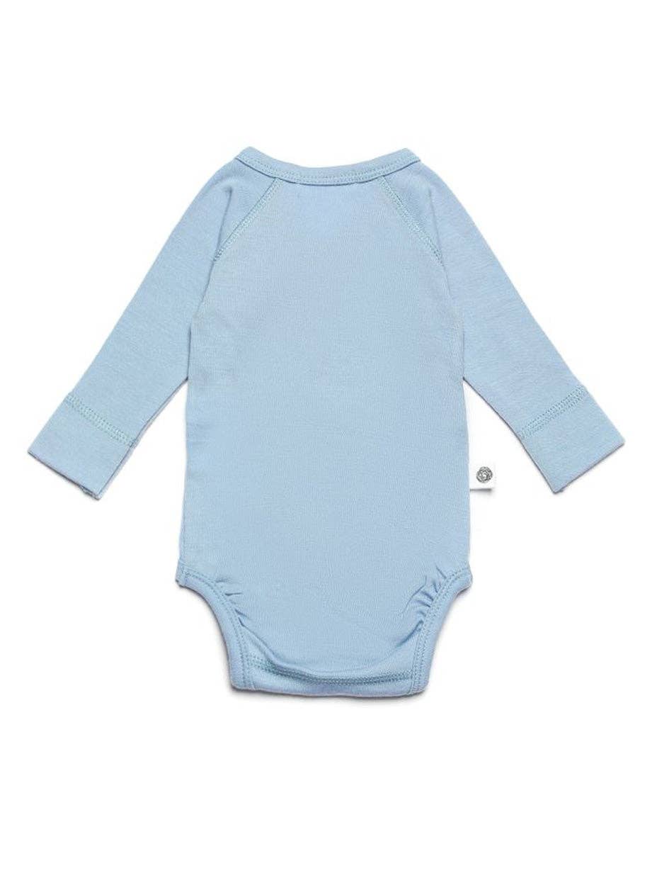 Body bébé en laine mérinos non traitée, manches longues, matière naturelle thermorégulante, idéal comme première couche, vue de dos Couleur : Blue Fog