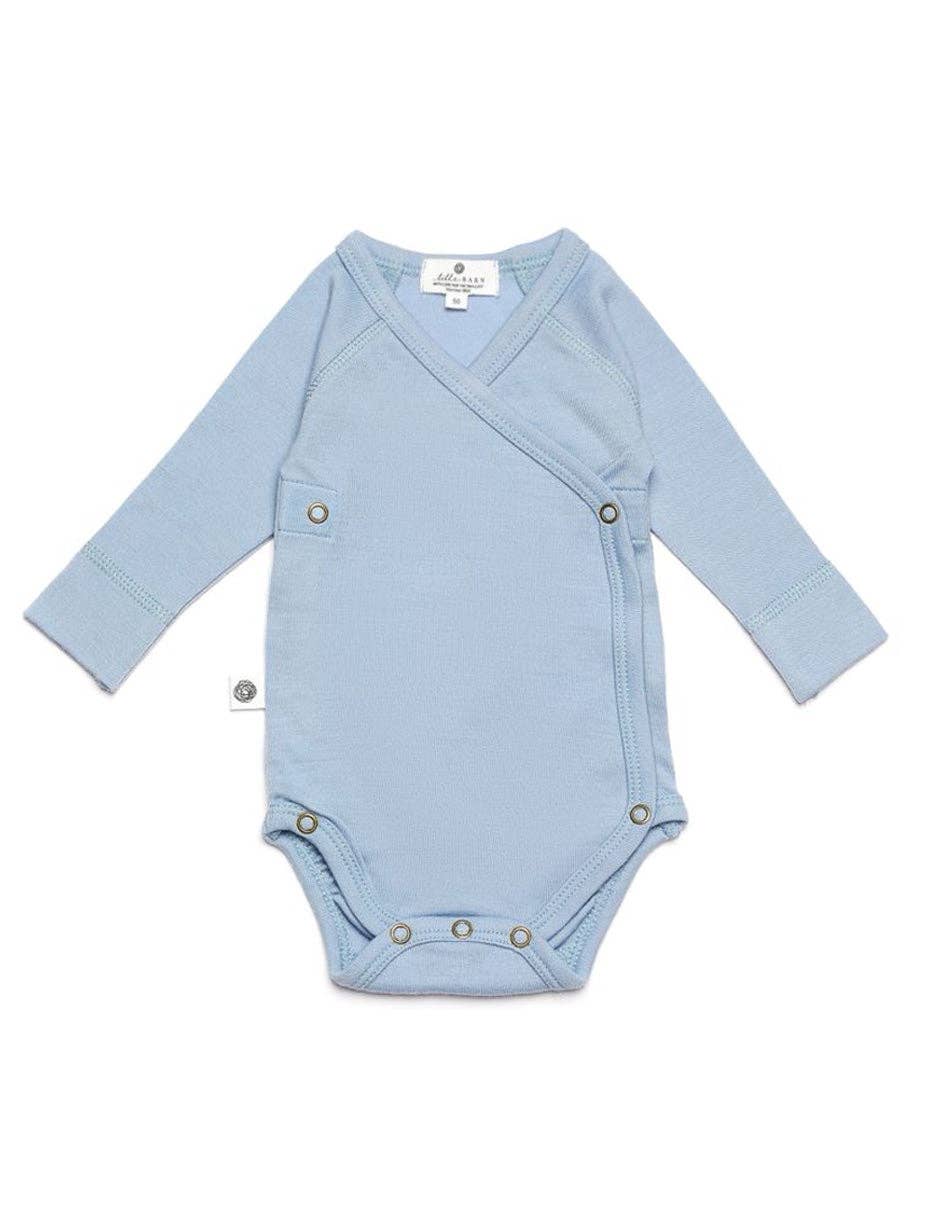 Body bébé en laine mérinos non traitée, manches longues, matière naturelle thermorégulante, idéal comme première couche, vue de face Couleur : Blue Fog