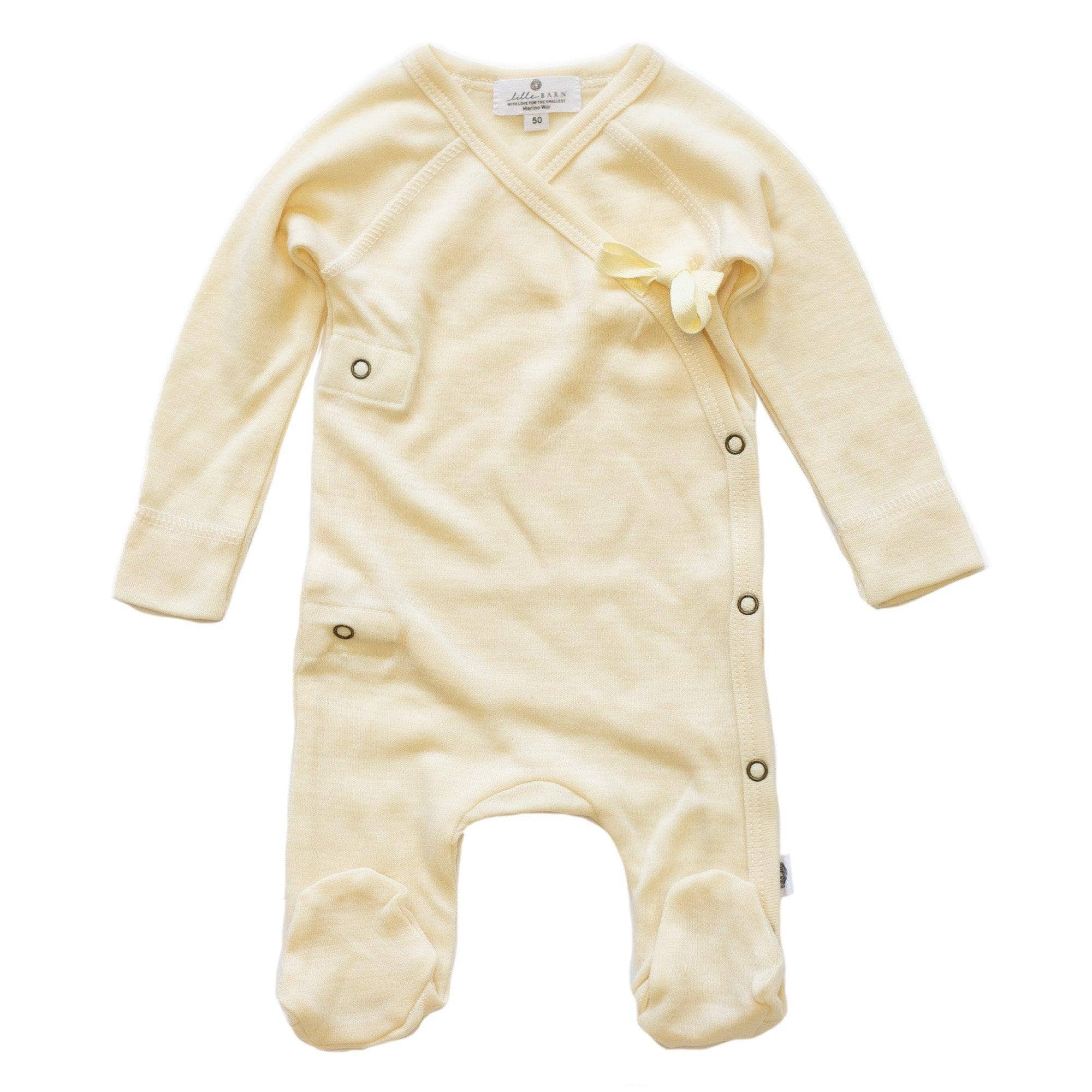 Combinaison bébé en laine mérinos non traitée, vêtement naturel thermorégulant pour l’extérieur et l’intérieur, vue de face, Couleur : Naturel