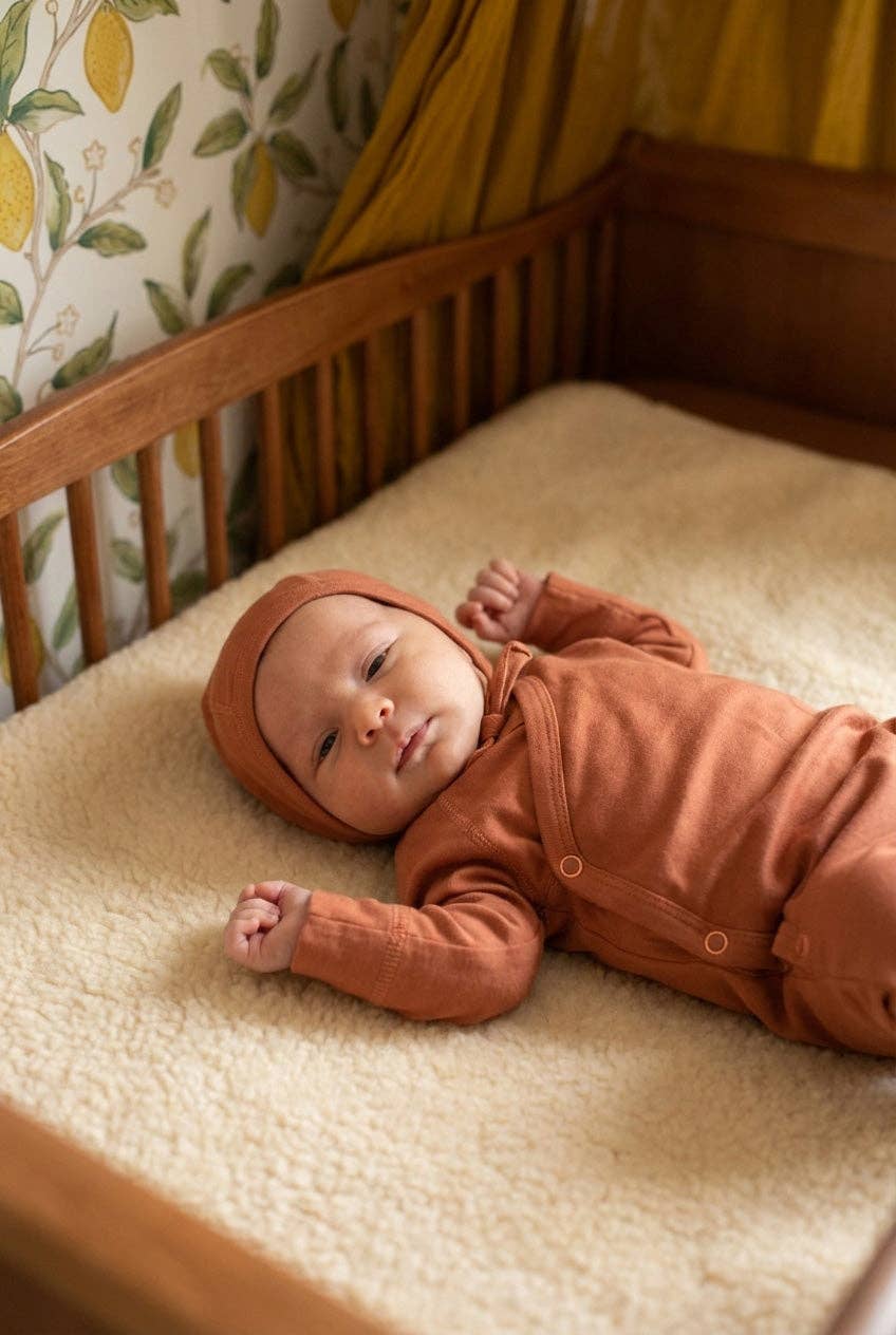 Bébé couché portant une combinaison en laine mérinos non traitée, idéale pour protéger du froid tout en laissant respirer la peau Couleur : Or corail