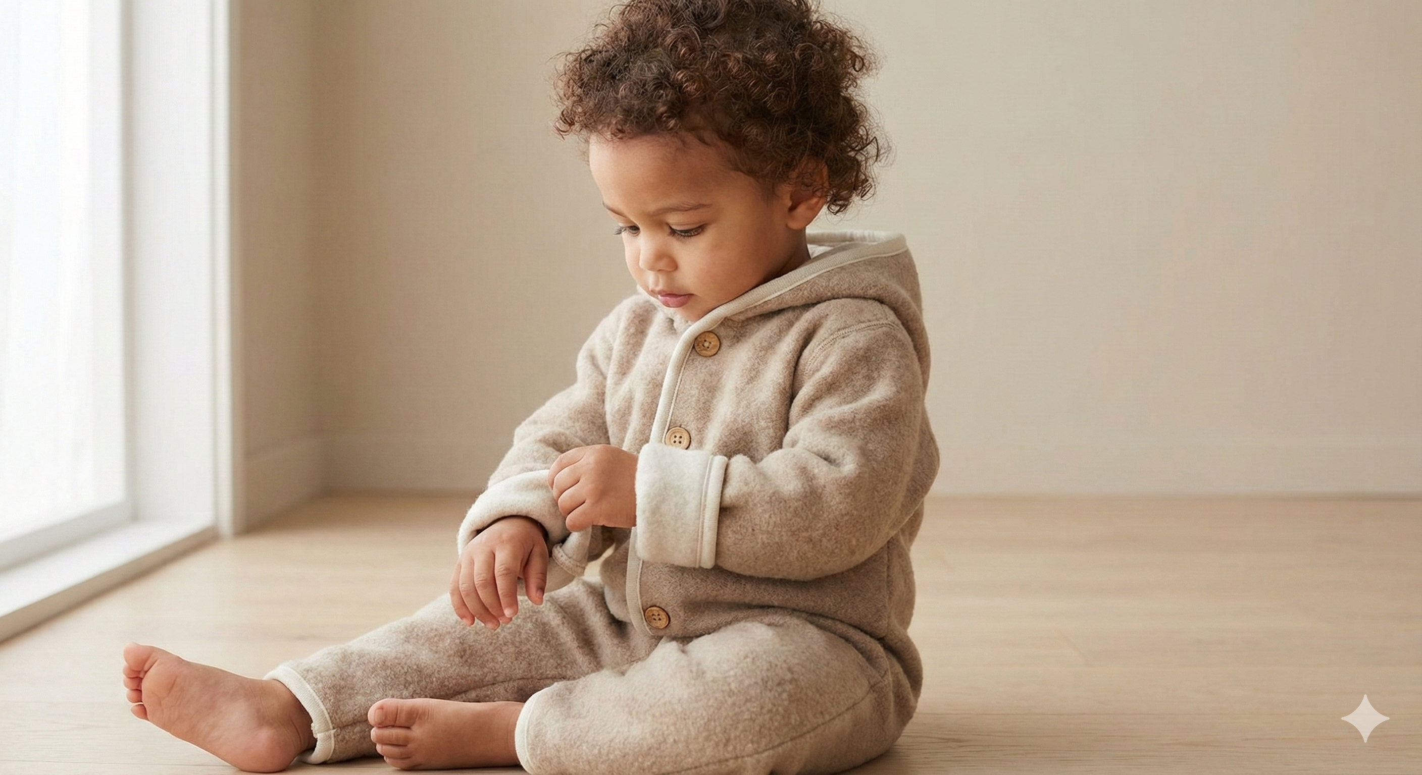 Combinaison pilote à capuche en laine mérinos de couleur beige, présentée sur un cintre. Elle dispose d'une fermeture avant centrale avec des boutons en bois et de finitions par un biais de couleur beige clair le long de la capuche, de l'ouverture, des poignets et des pieds intégrés