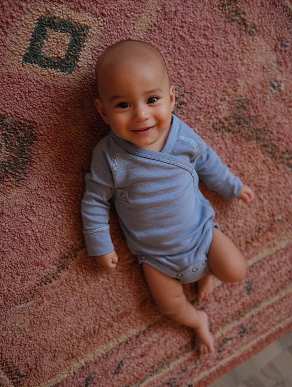 Bébé souriant portant un body en laine mérinos naturelle non traitée, doux pour la peau et adapté à la régulation thermique couleur: bleu fog