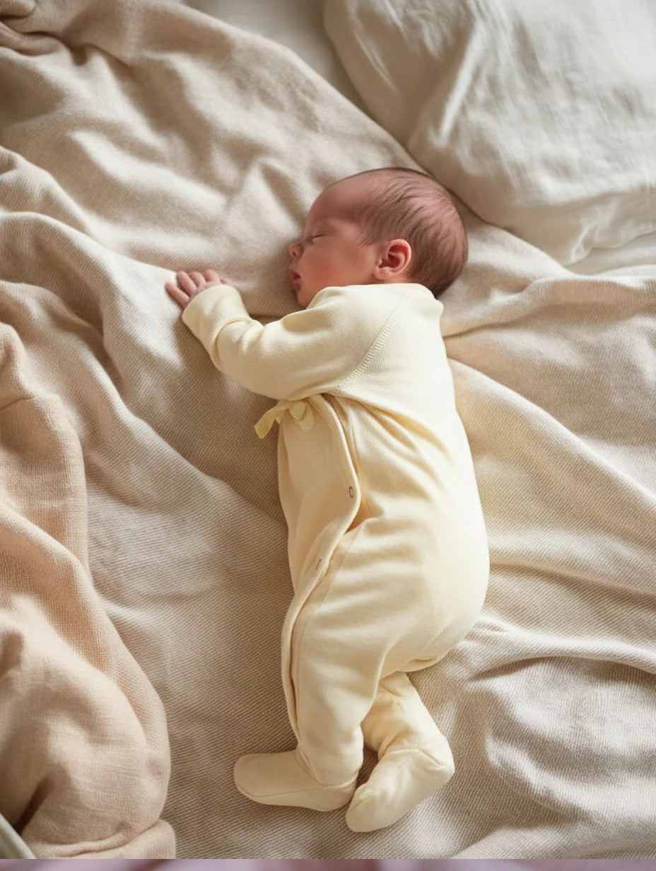 Bébé dormant portant une combinaison en laine mérinos non traitée, idéale pour protéger du froid tout en laissant respirer la peau Couleur : Naturel